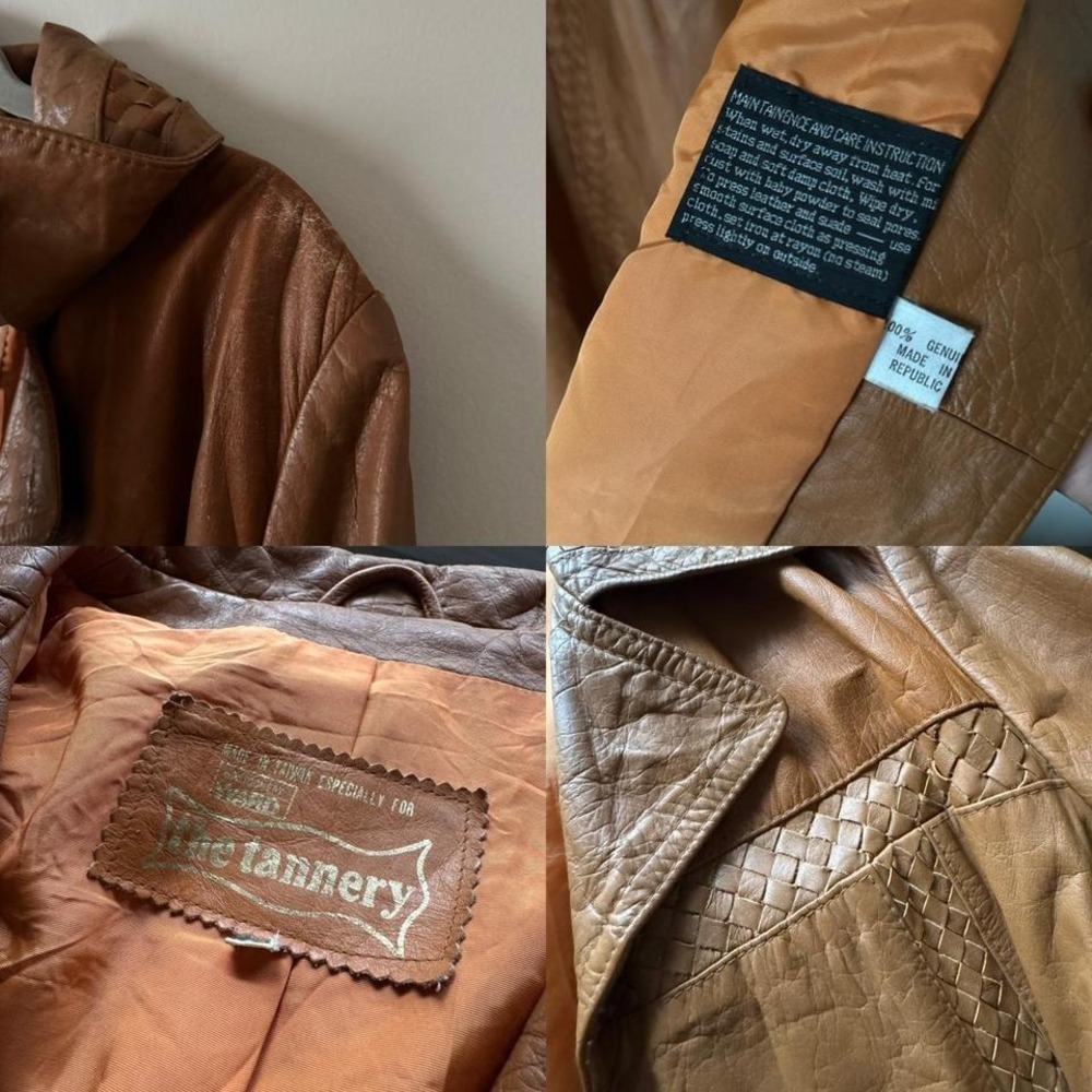 Vintage 70s Cognac Leather Trench Coat Woven Braided - Picture 10 of 11